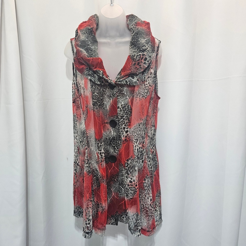 Vtg Damee Inc Red Grey LeopardTunic Wired Collar Large Whimsigoth steam punk y2k